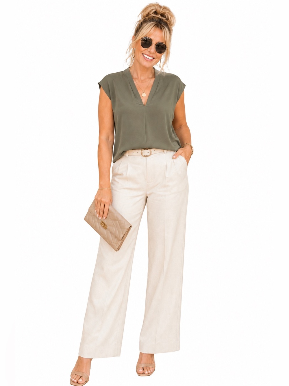 H&M Olive Green V-Neck Drape Blouse Career Office Top Medium
